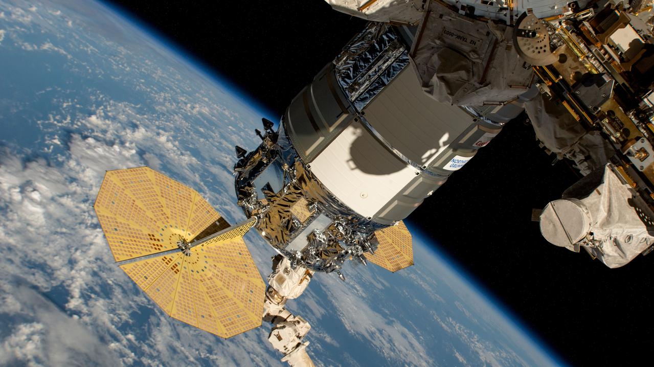 The Cygnus space freighter attached to the Unity module